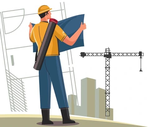 Engineer with blueprint and crane